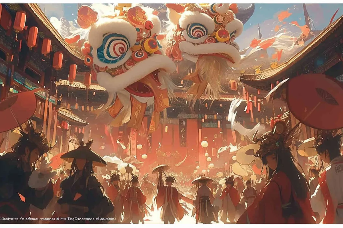 draw six teenagers wearing lion dance headgear and the background of the national style during the prosperous Tang Dynasty - style4部分