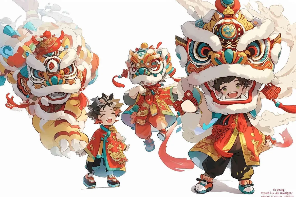 six Fuwa youths wearing lion dance headgear on a white background - style1部分
