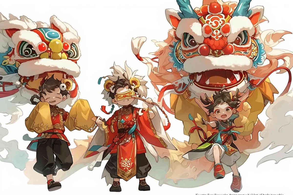 six Fuwa youths wearing lion dance headgear on a white background - style2部分