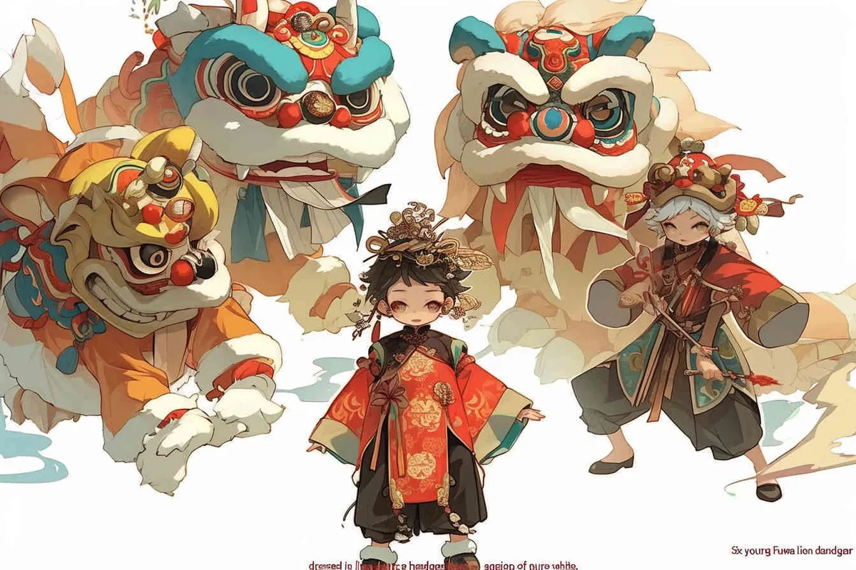 six Fuwa youths wearing lion dance headgear on a white background - style3部分