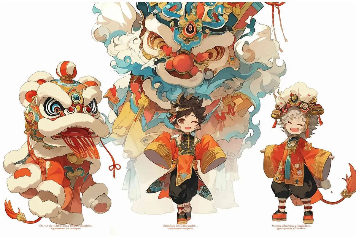 six Fuwa youths wearing lion dance headgear on a white background - style4部分