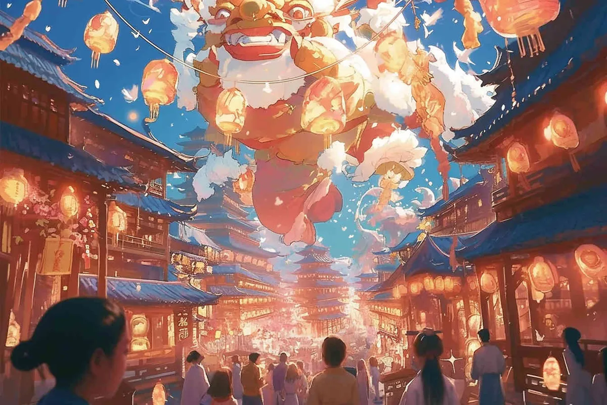 In ancient China, the bustling Spring Festival scene - style4部分