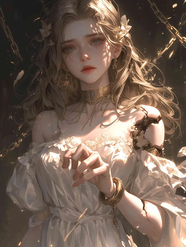 ((一个残破的瓷娃娃少女))((长发))((白色纱裙))((左胳膊断裂))((右手腕上还有断裂的铁链))((混黑色背景))((8000k分辨率))((精致脸))((精细画质))((半身像)) - style2部分