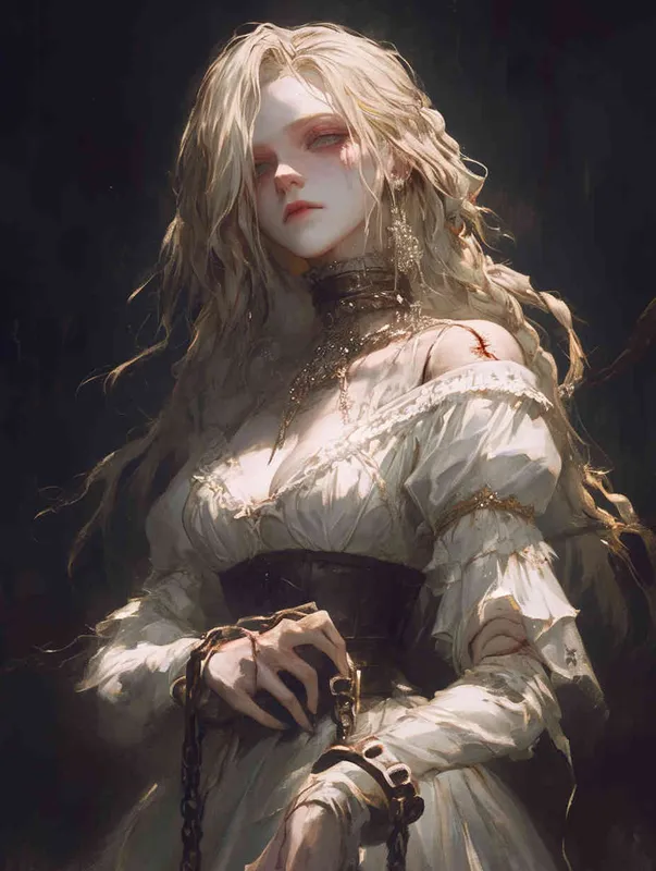 ((一个残破的瓷娃娃少女))((长发))((白色纱裙))((左胳膊断裂))((右手腕上还有断裂的铁链))((混黑色背景))((8000k分辨率))((精致脸))((精细画质))((半身像)) - style3部分