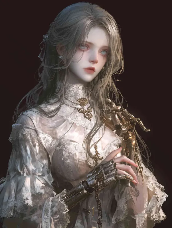 ((一个残破的瓷娃娃少女))((长发))((白色纱裙))((左胳膊断裂))((右手腕上还有断裂的铁链))((混黑色背景))((8000k分辨率))((精致脸))((精细画质))((半身像)) - style4部分