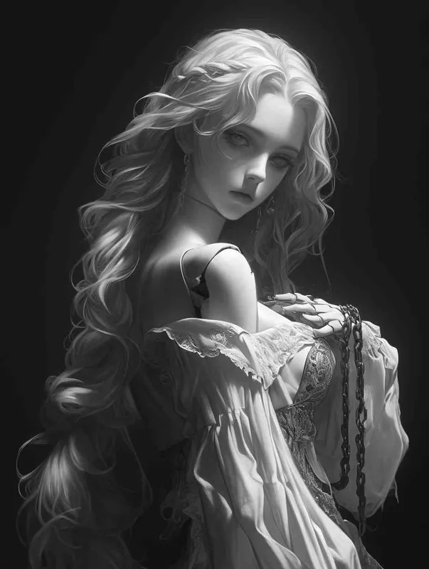 ((一个残破的白色瓷娃娃少女))((长发))((白色纱裙))((左胳膊断裂))((右手腕上还有断裂的铁链))((混黑色背景))((8000k分辨率))((精致脸))((精细画质))((半身像))((黑白灰)) - style2部分