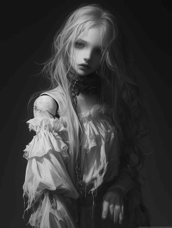 ((一个残破的白色瓷娃娃少女))((长发))((破旧白色纱裙))((左胳膊断裂))((右手腕上还有断裂的铁链))((混黑色背景))((8000k分辨率))((精致脸))((精细画质))((半身像))((黑白灰)) - style1部分