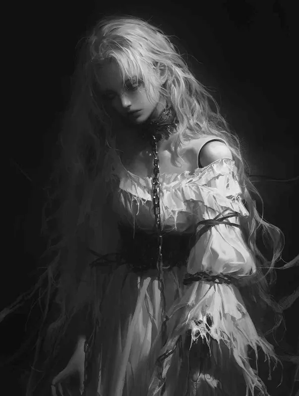 ((一个残破的白色瓷娃娃少女))((长发))((破旧白色纱裙))((左胳膊断裂))((右手腕上还有断裂的铁链))((混黑色背景))((8000k分辨率))((精致脸))((精细画质))((半身像))((黑白灰)) - style2部分