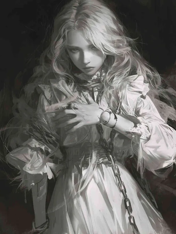 ((一个残破的白色瓷娃娃少女))((长发))((破旧白色纱裙))((左胳膊断裂))((右手腕上还有断裂的铁链))((混黑色背景))((8000k分辨率))((精致脸))((精细画质))((半身像))((黑白灰)) - style3部分