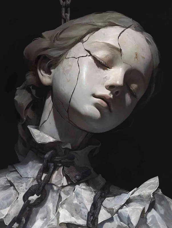 ((一个残破的白色陶瓷娃娃少女))((长发))((破旧白色纱裙))((左胳膊断裂))((脸上有裂痕))((右手腕上还有断裂的铁链))((混黑色背景))((8000k分辨率))((精致脸))((精细画质))((半身像))((黑白灰)) - style2部分