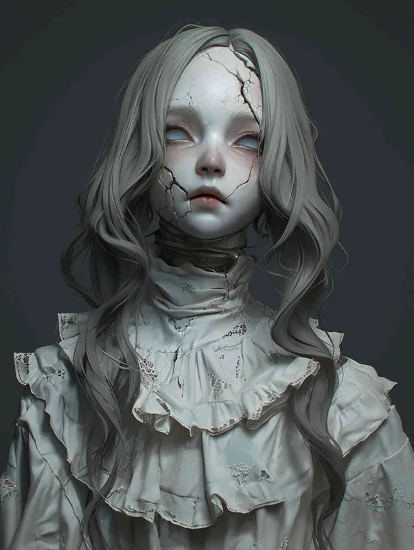 ((一个残破的白色陶瓷娃娃少女))((长发))((破旧白色纱裙))((左胳膊断裂))((脸上有裂痕))((右手腕上还有断裂的铁链))((混黑色背景))((8000k分辨率))((精致脸))((精细画质))((半身像))((黑白灰)) - style4部分