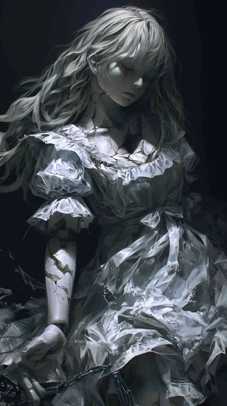 ((一个残破的白色陶瓷娃娃少女))((长发))((破旧白色纱裙))((左胳膊断裂))((脸上有裂痕))((右手腕上还有断裂的铁链))((混黑色背景))((8000k分辨率))((精致脸))((精细画质))((全身像))((黑白灰)) - style1部分