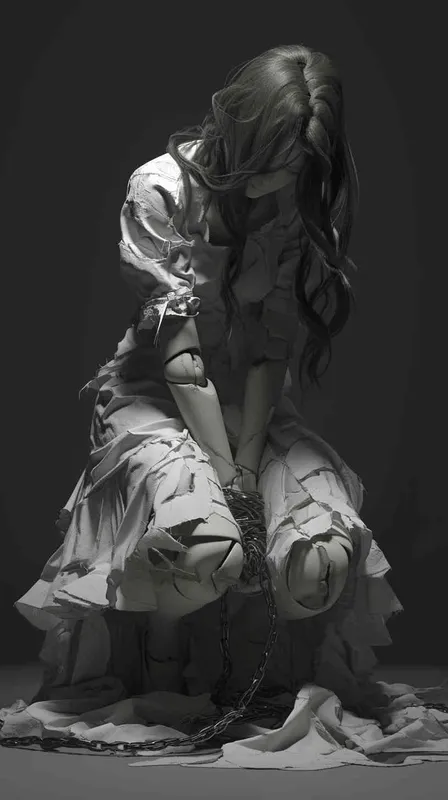 ((一个残破的白色陶瓷娃娃少女))((长发))((破旧白色纱裙))((左胳膊断裂))((脸上有裂痕))((右手腕上还有断裂的铁链))((混黑色背景))((8000k分辨率))((精致脸))((精细画质))((全身像))((黑白灰)) - style2部分