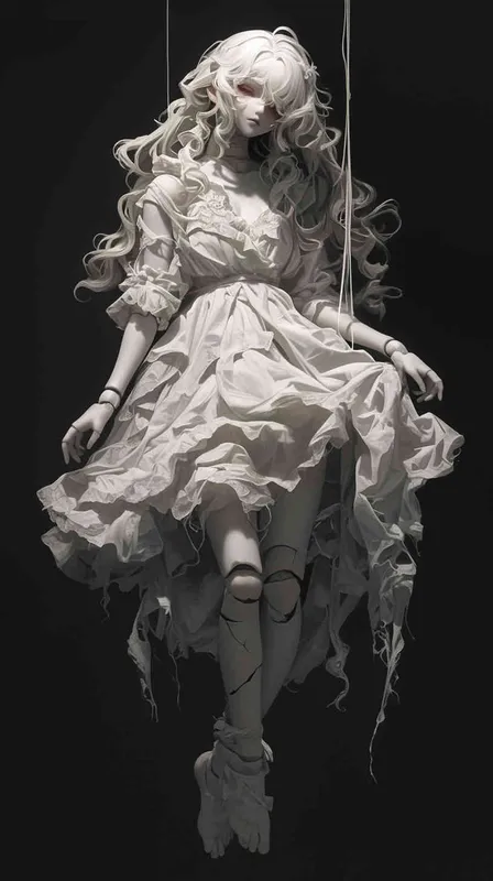 ((一个残破的白色陶瓷娃娃少女))((长发))((破旧白色纱裙))((左胳膊断裂))((脸上有裂痕))((右手腕上还有断裂的铁链))((混黑色背景))((8000k分辨率))((精致脸))((精细画质))((全身像))((黑白灰)) - style3部分