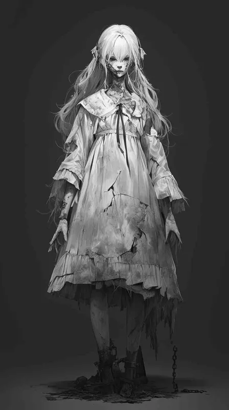 ((一个残破的白色陶瓷娃娃少女))((长发))((破旧白色纱裙))((左胳膊断裂))((脸上有裂痕))((右手腕上还有断裂的铁链))((混黑色背景))((8000k分辨率))((精致脸))((精细画质))((全身像))((黑白灰)) - style4部分