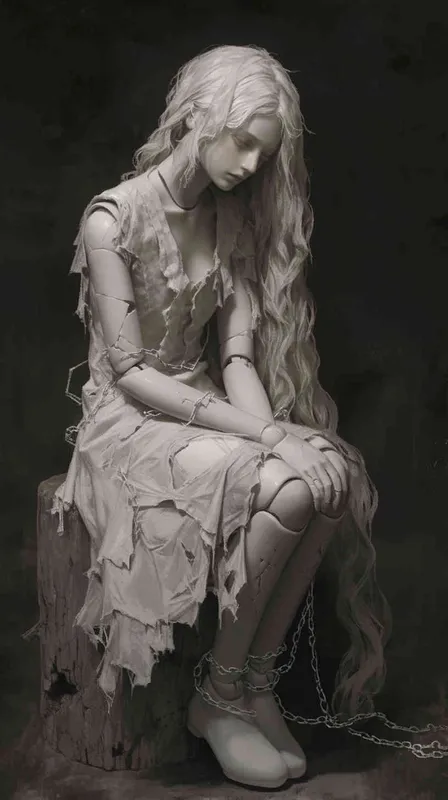 ((一个残破的白色陶瓷娃娃少女))((长发))((破旧白色纱裙))((左胳膊断裂))((脸上有裂痕))((右手腕上还有断裂的铁链))((混黑色背景))((8000k分辨率))((精致脸))((精细画质))((全身像))((黑白灰)) – AI绘画作品展示 | Midjourney中文版生成