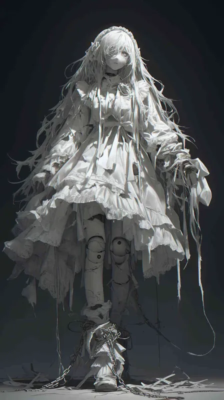 ((一个残破的白色陶瓷娃娃少女))((长发))((破旧白色纱裙))((左胳膊断裂))((脸上有裂痕))((右手腕上还有断裂的铁链))((混黑色背景))((8000k分辨率))((精致脸))((精细画质))((全身像))((黑白灰)) - style2部分
