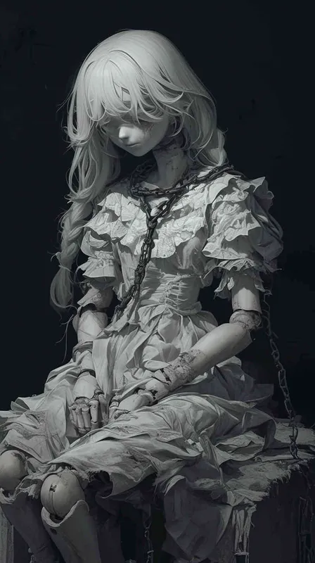((一个残破的白色陶瓷娃娃少女))((长发))((破旧白色纱裙))((左胳膊断裂))((脸上有裂痕))((右手腕上还有断裂的铁链))((混黑色背景))((8000k分辨率))((精致脸))((精细画质))((全身像))((黑白灰)) - style3部分