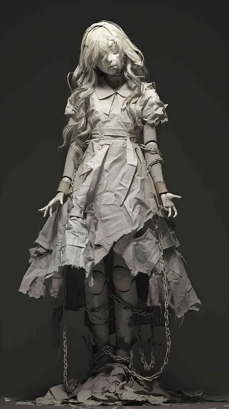 ((一个残破的白色陶瓷娃娃少女))((长发))((破旧白色纱裙))((左胳膊断裂))((脸上有裂痕))((右手腕上还有断裂的铁链))((混黑色背景))((8000k分辨率))((精致脸))((精细画质))((全身像))((黑白灰)) - style4部分