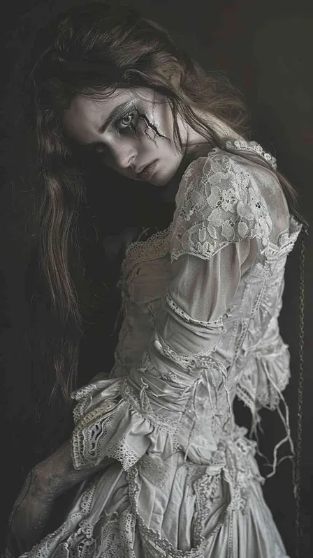 ((一个残破的白色陶瓷娃娃少女))((长发))((破旧白色纱裙))((左胳膊断裂))((脸上有裂痕))((右手腕上还有断裂的铁链))((混黑色背景))((8000k分辨率))((精致脸))((精细画质))((全身像))((黑白灰)) - style4部分
