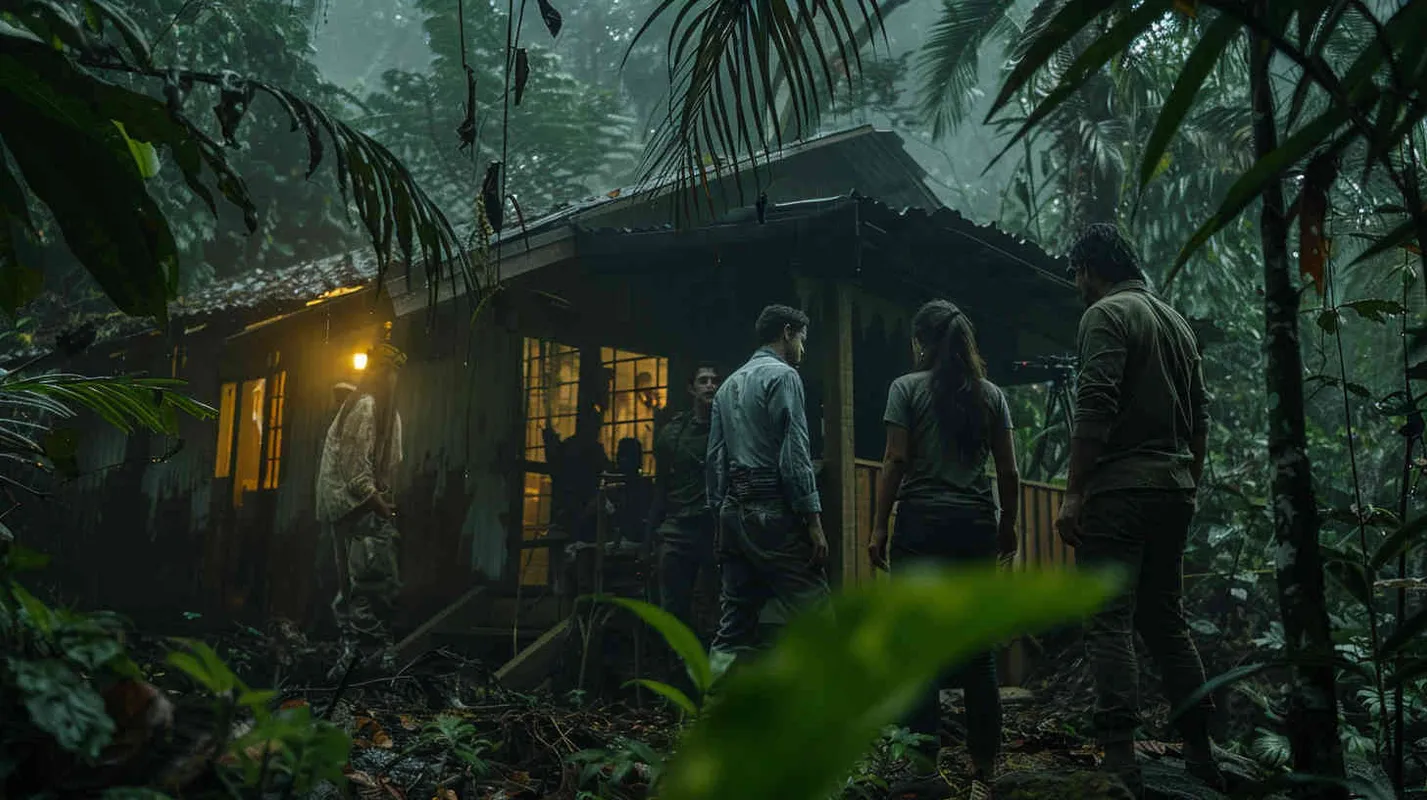 In the heart of the dense jungle, Michael urges the team onward in their quest for answers, while Anna's unease intensifies, a palpable sense of foreboding creeping over her. As dusk settles, they opt to seek refuge within the dilapidated cabin. In the witching hours, Kate and David are startled by peculiar noises, like spectral whispers weaving through the undergrowth. Despite their fear, Professor Johnson offers reassurance, attributing the sounds to the nocturnal activities of jungle fauna. - style3部分