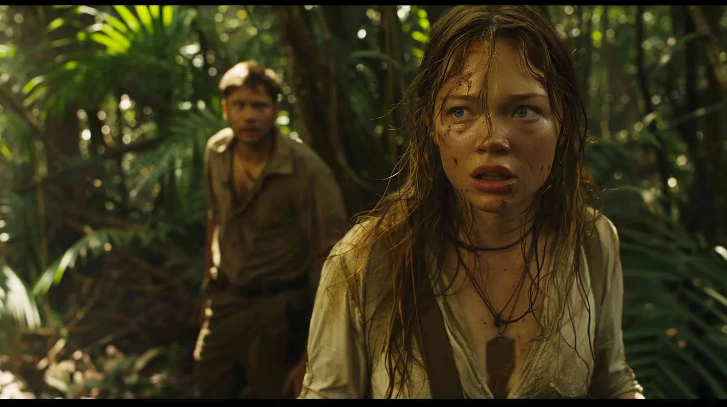 The team presses on the next day, their footsteps tentative as they traverse the dense jungle. Despite their efforts, they find themselves disoriented, unable to retrace their steps. Panic sets in as they realize the cabin they sought refuge in has disappeared without a trace. Michael's expression is one of disbelief, Kate's face contorted with fear as she lets out piercing screams. In contrast, Professor Johnson remains stoic, his calm demeanor a beacon of rationality amidst the chaos. Determined to find their way, they resolve to follow the cryptic instructions laid out in the ancient diary. - style1部分