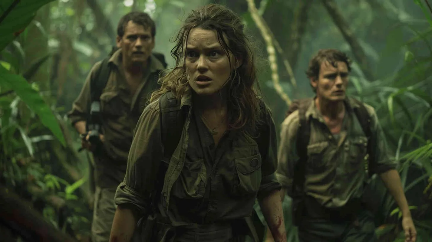 The team presses on the next day, their footsteps tentative as they traverse the dense jungle. Despite their efforts, they find themselves disoriented, unable to retrace their steps. Panic sets in as they realize the cabin they sought refuge in has disappeared without a trace. Michael's expression is one of disbelief, Kate's face contorted with fear as she lets out piercing screams. In contrast, Professor Johnson remains stoic, his calm demeanor a beacon of rationality amidst the chaos. Determined to find their way, they resolve to follow the cryptic instructions laid out in the ancient diary. - style4部分