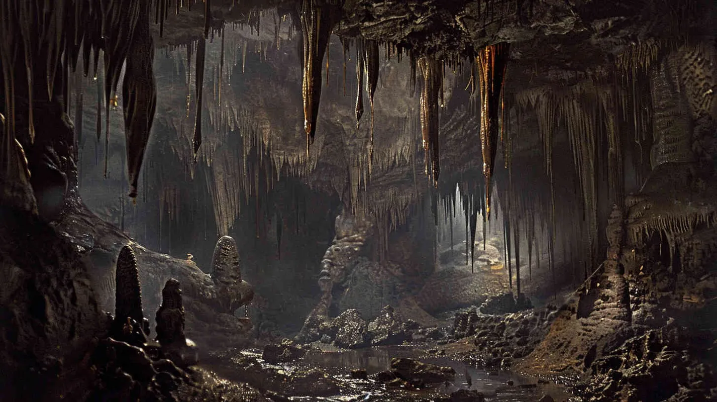 The underground cave exudes an aura of ancient secrets and forgotten lore. Stalactites hang like jagged teeth from the ceiling, while stalagmites rise from the floor like silent sentinels guarding the chamber's secrets. The air is heavy with the scent of damp earth and the distant echoes of dripping water reverberate through the cavernous space. - style1部分
