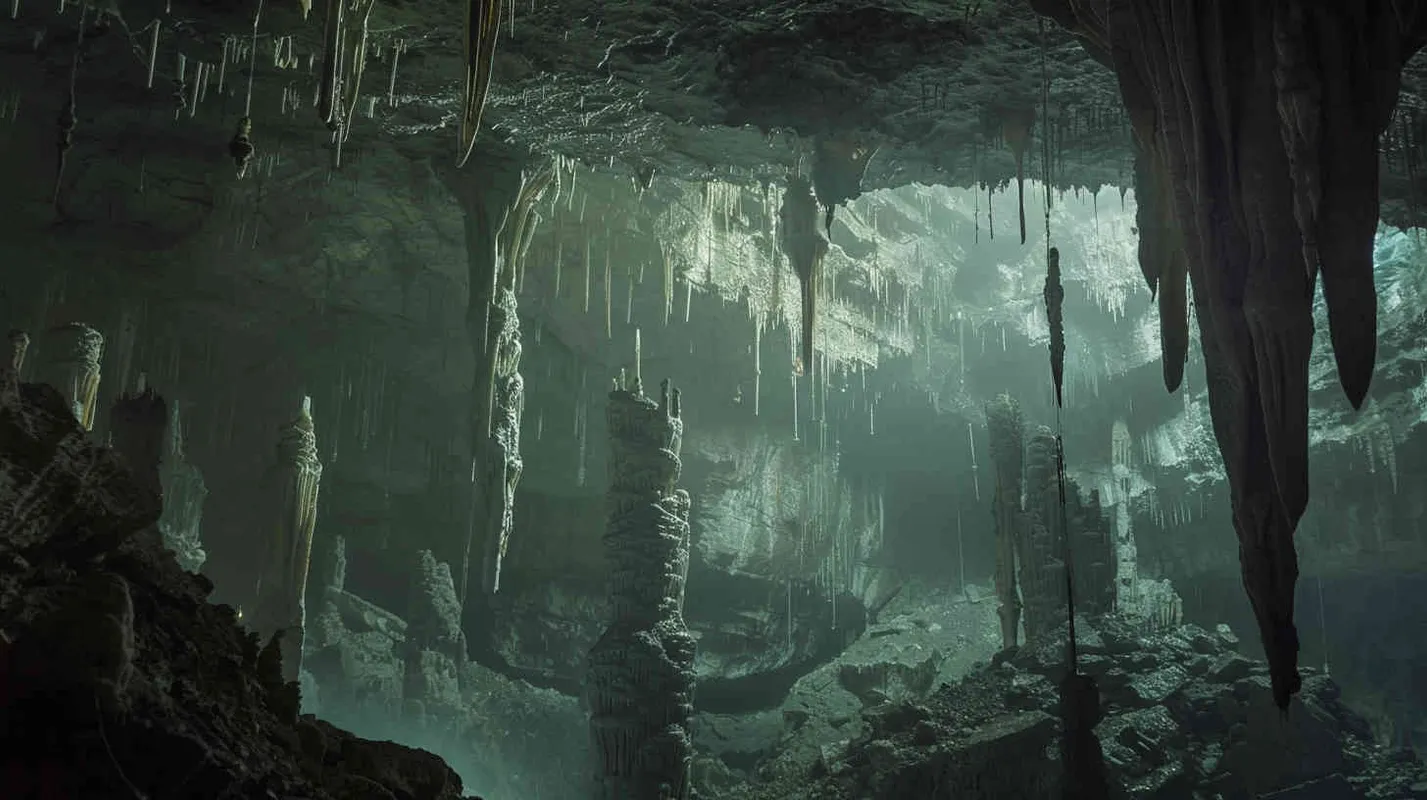 The underground cave exudes an aura of ancient secrets and forgotten lore. Stalactites hang like jagged teeth from the ceiling, while stalagmites rise from the floor like silent sentinels guarding the chamber's secrets. The air is heavy with the scent of damp earth and the distant echoes of dripping water reverberate through the cavernous space. - style2部分