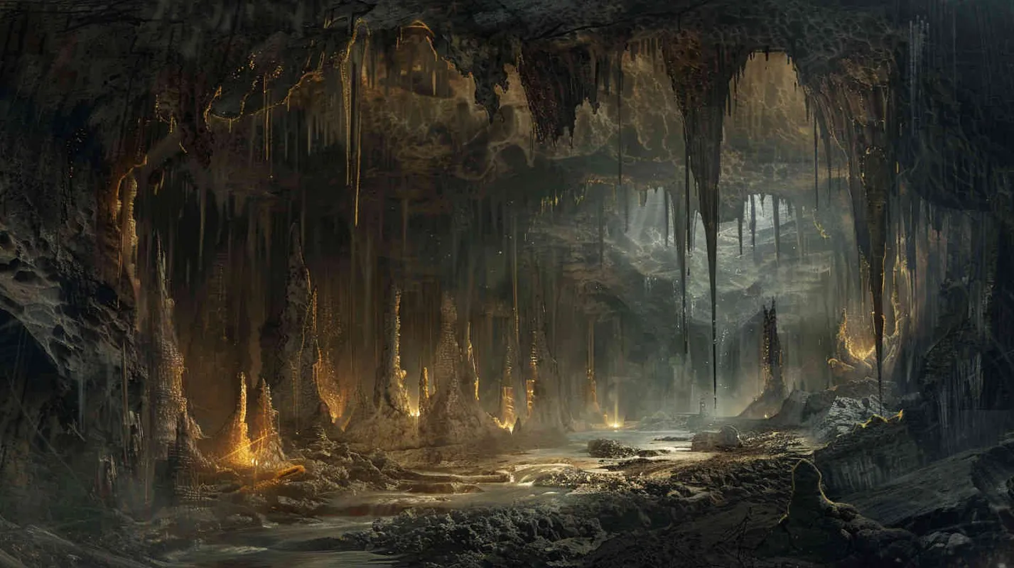 The underground cave exudes an aura of ancient secrets and forgotten lore. Stalactites hang like jagged teeth from the ceiling, while stalagmites rise from the floor like silent sentinels guarding the chamber's secrets. The air is heavy with the scent of damp earth and the distant echoes of dripping water reverberate through the cavernous space. - style3部分