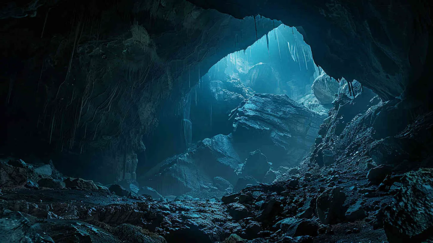 Capturing the eerie beauty of the underground cavern, a photograph freezes the moment in time with stunning realism. Shot with a Canon EOS 5D Mark IV DSLR camera, equipped with a wide-angle lens set to 24mm, the image brings to life the intricate details of the cave's rugged terrain. The play of light and shadow accentuates the mysterious atmosphere, drawing the viewer into the depths of the unknown. --ar 16:9 --v 5 - style1部分
