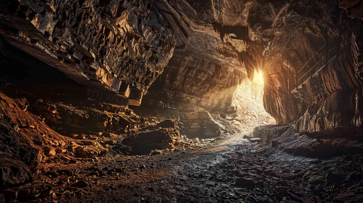 Capturing the eerie beauty of the underground cavern, a photograph freezes the moment in time with stunning realism. Shot with a Canon EOS 5D Mark IV DSLR camera, equipped with a wide-angle lens set to 24mm, the image brings to life the intricate details of the cave's rugged terrain. The play of light and shadow accentuates the mysterious atmosphere, drawing the viewer into the depths of the unknown. --ar 16:9 --v 5 - style2部分