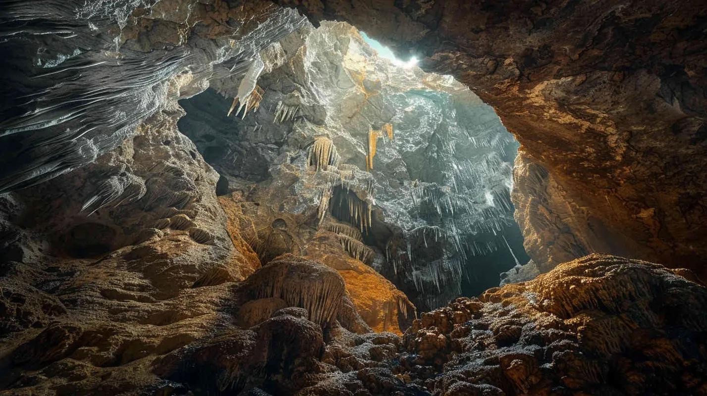 Capturing the eerie beauty of the underground cavern, a photograph freezes the moment in time with stunning realism. Shot with a Canon EOS 5D Mark IV DSLR camera, equipped with a wide-angle lens set to 24mm, the image brings to life the intricate details of the cave's rugged terrain. The play of light and shadow accentuates the mysterious atmosphere, drawing the viewer into the depths of the unknown. --ar 16:9 --v 5 - style3部分