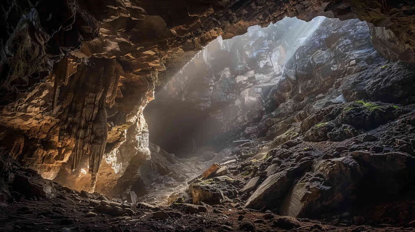 Capturing the eerie beauty of the underground cavern, a photograph freezes the moment in time with stunning realism. Shot with a Canon EOS 5D Mark IV DSLR camera, equipped with a wide-angle lens set to 24mm, the image brings to life the intricate details of the cave's rugged terrain. The play of light and shadow accentuates the mysterious atmosphere, drawing the viewer into the depths of the unknown. --ar 16:9 --v 5 - style4部分