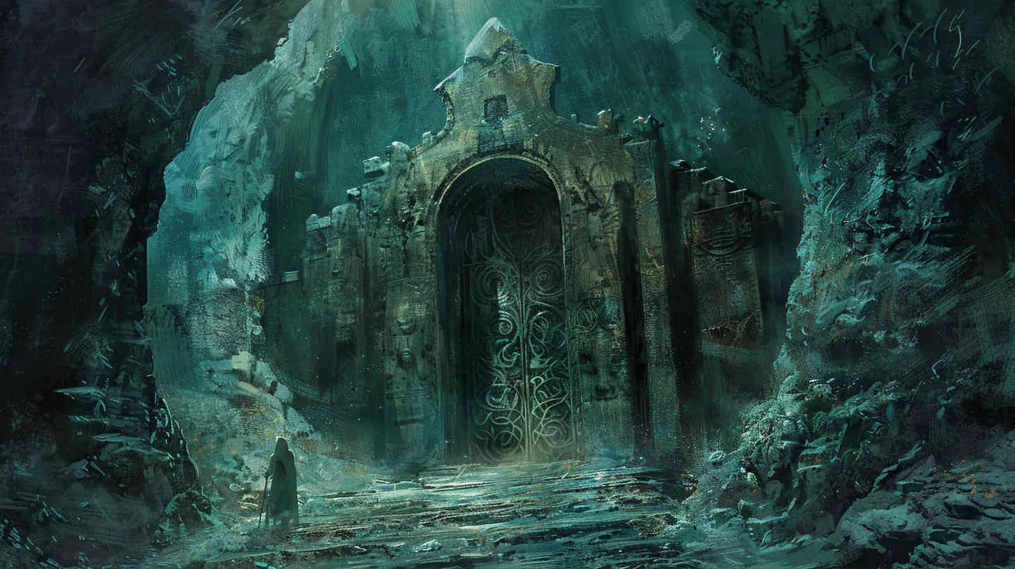Following the clues from the diary, they eventually arrive at a mysterious underground cave. From deep within the cavern emanates a rumbling, ominous sound, reminiscent of some kind of ritualistic chant. They come across a massive sealed stone door adorned with strange symbols. - style2部分