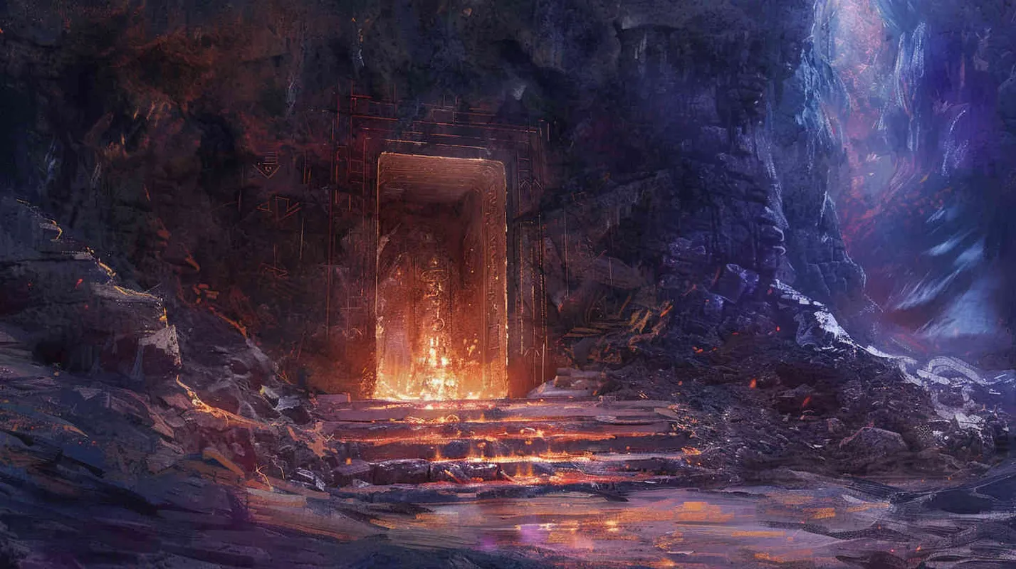 Following the clues from the diary, they eventually arrive at a mysterious underground cave. From deep within the cavern emanates a rumbling, ominous sound, reminiscent of some kind of ritualistic chant. They come across a massive sealed stone door adorned with strange symbols. - style3部分