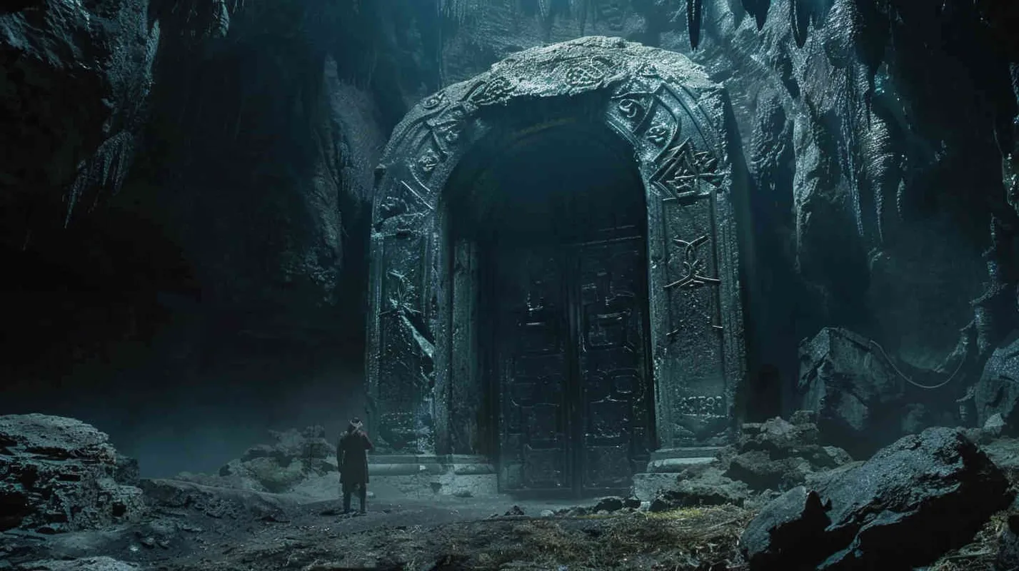 Following the clues from the diary, they eventually arrive at a mysterious underground cave. From deep within the cavern emanates a rumbling, ominous sound, reminiscent of some kind of ritualistic chant. They come across a massive sealed stone door adorned with strange symbols. - style4部分