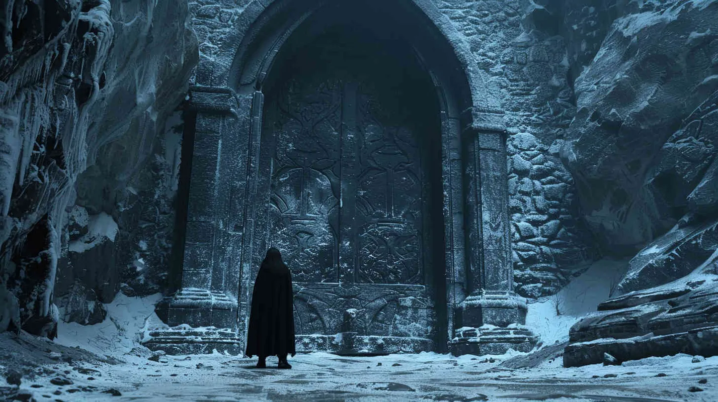 Anna's apprehension intensifies as they confront the imposing stone door, its surface adorned with cryptic symbols that seem to pulse with latent energy. With each futile attempt to breach the barrier, the sense of foreboding grows, shrouding the scene in an aura of uncertainty and trepidation. Professor Johnson's unwavering determination clashes with Anna's growing unease, setting the stage for a tense standoff against an unseen adversary. - style1部分