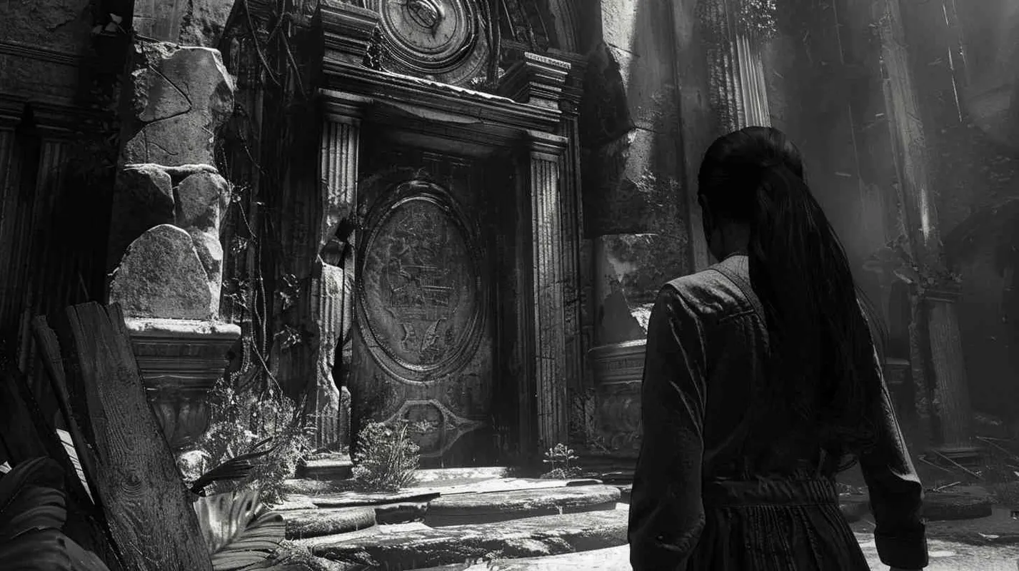 Anna's apprehension intensifies as they confront the imposing stone door, its surface adorned with cryptic symbols that seem to pulse with latent energy. With each futile attempt to breach the barrier, the sense of foreboding grows, shrouding the scene in an aura of uncertainty and trepidation. Professor Johnson's unwavering determination clashes with Anna's growing unease, setting the stage for a tense standoff against an unseen adversary. - style2部分