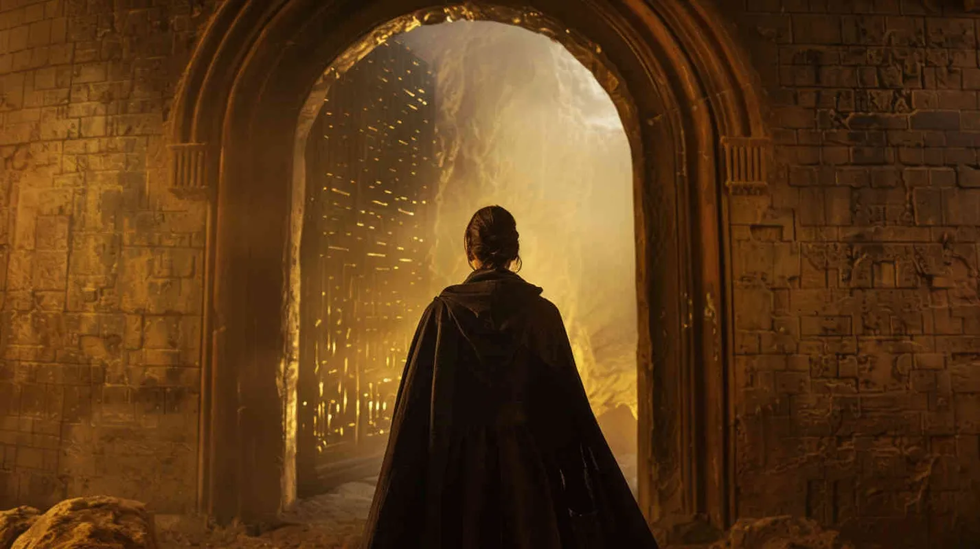 Anna's apprehension intensifies as they confront the imposing stone door, its surface adorned with cryptic symbols that seem to pulse with latent energy. With each futile attempt to breach the barrier, the sense of foreboding grows, shrouding the scene in an aura of uncertainty and trepidation. Professor Johnson's unwavering determination clashes with Anna's growing unease, setting the stage for a tense standoff against an unseen adversary. - style3部分