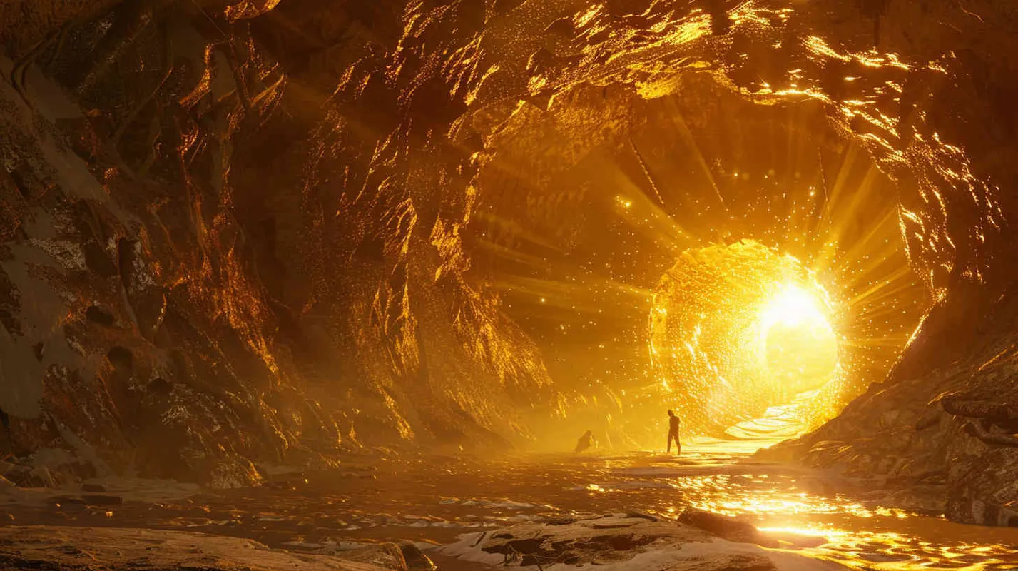  Amidst their despair, the cavern erupts in turmoil, fissures tearing through the earth beneath their feet. Paralyzed by fear and trapped with no means of escape, they face the brink of oblivion. Abruptly, the seismic upheaval subsides, replaced by an ethereal radiance emanating from the newly formed chasm. Bathed in its glow, they confront a momentous decision—to proceed into the unknown, weighed against the specter of unanticipated ramifications. - style4部分