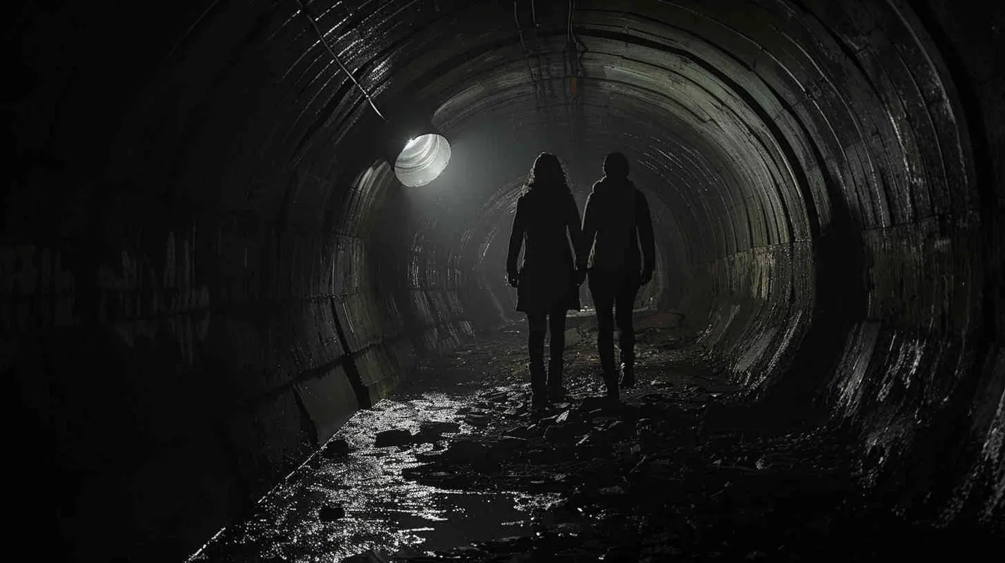 Advancing with caution, every footfall echoing a trek into the unknown. Within the shadows of the tunnel, whispers emerged, as though unseen voices murmured behind them. Kate's grip tightened on David's hand, while Anna wielded the flashlight, striving to pierce the enveloping darkness. - style1部分