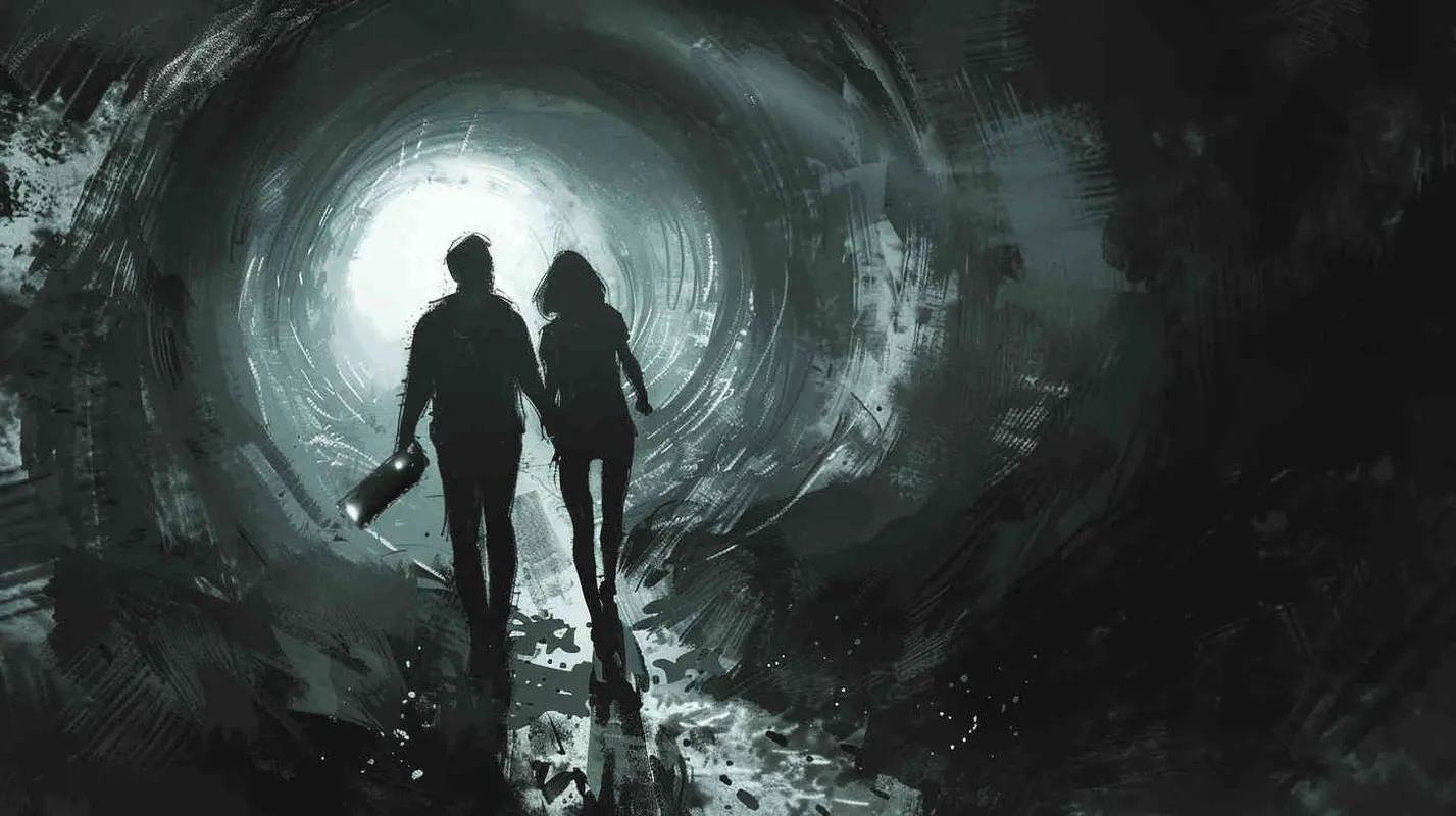 Advancing with caution, every footfall echoing a trek into the unknown. Within the shadows of the tunnel, whispers emerged, as though unseen voices murmured behind them. Kate's grip tightened on David's hand, while Anna wielded the flashlight, striving to pierce the enveloping darkness. - style2部分