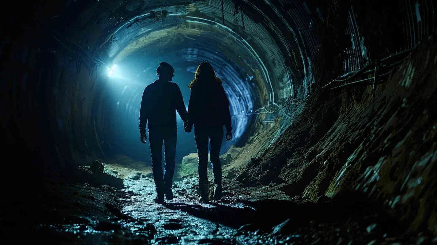 Advancing with caution, every footfall echoing a trek into the unknown. Within the shadows of the tunnel, whispers emerged, as though unseen voices murmured behind them. Kate's grip tightened on David's hand, while Anna wielded the flashlight, striving to pierce the enveloping darkness. - style3部分