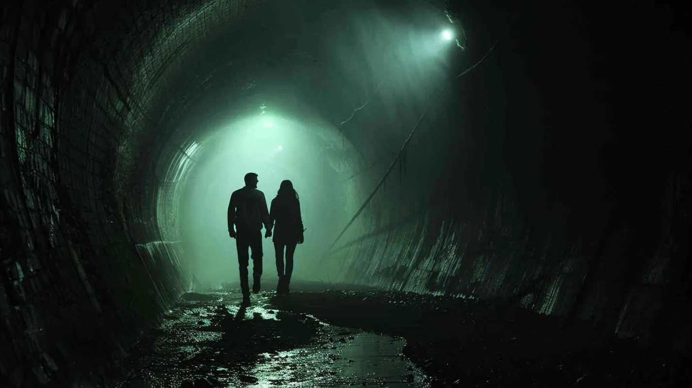 Advancing with caution, every footfall echoing a trek into the unknown. Within the shadows of the tunnel, whispers emerged, as though unseen voices murmured behind them. Kate's grip tightened on David's hand, while Anna wielded the flashlight, striving to pierce the enveloping darkness. - style4部分