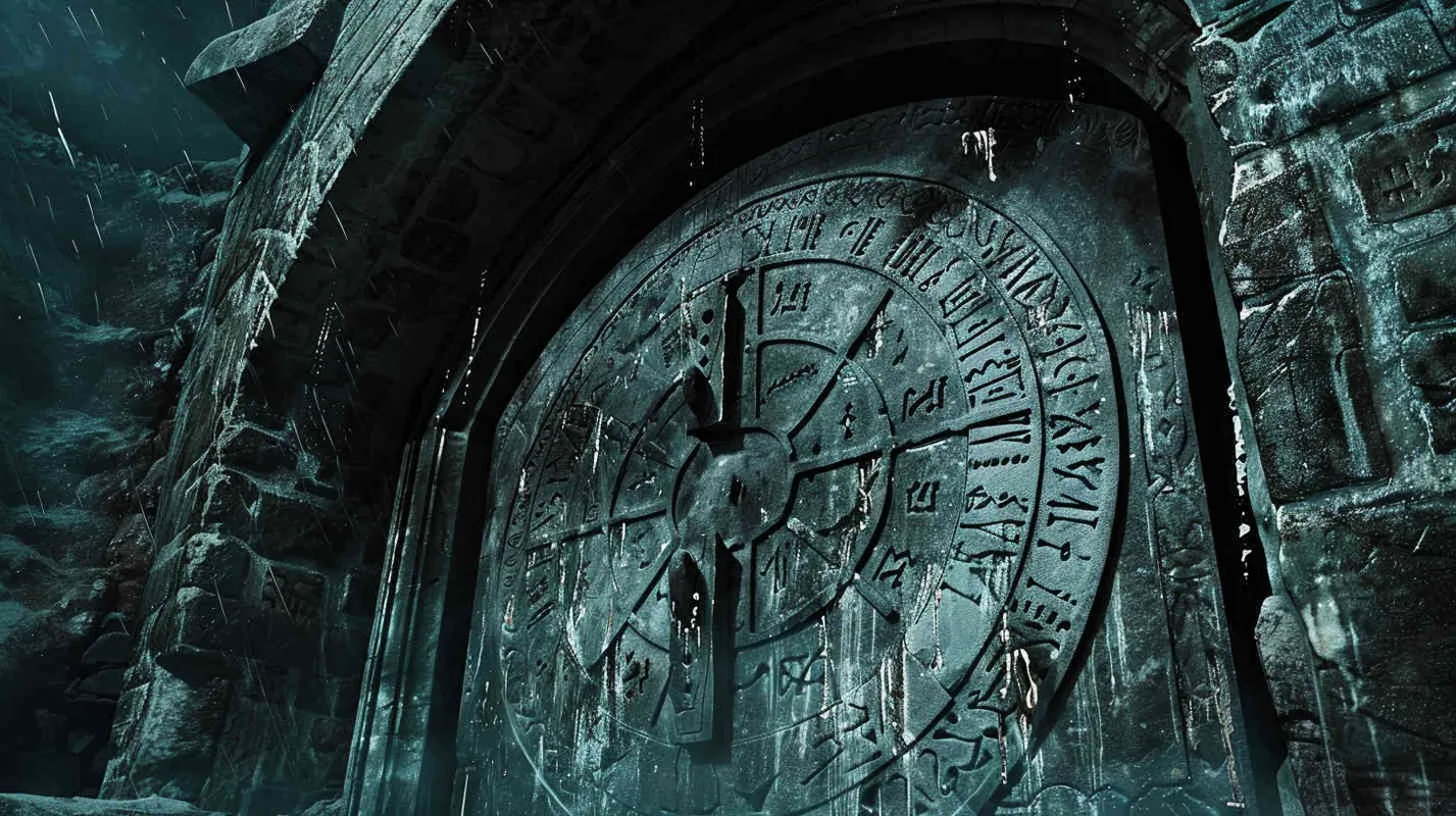 Professor Johnson endeavors to decipher the runic inscriptions adorning the iron door, hoping to uncover clues to unlock its secrets. At that moment, they hear a piercing scream, as if something is closing in on them. They hastily retreat, only to find the dark passage behind them sealed by an invisible wall, trapping them in this ominous void. - AI绘画作品展示 | Midjourney中文版生成