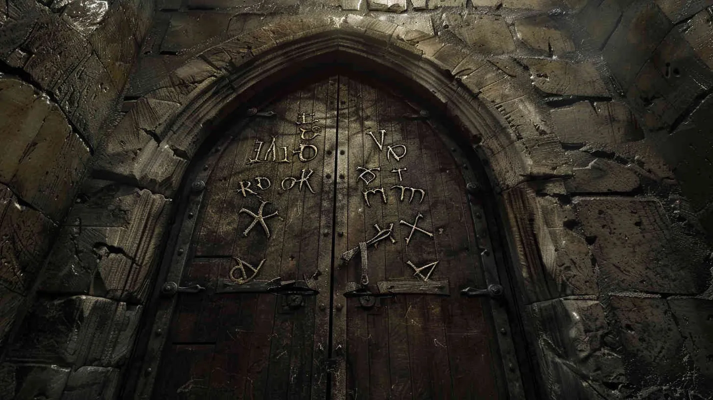 Professor Johnson endeavors to decipher the runic inscriptions adorning the iron door, hoping to uncover clues to unlock its secrets. At that moment, they hear a piercing scream, as if something is closing in on them. They hastily retreat, only to find the dark passage behind them sealed by an invisible wall, trapping them in this ominous void. - AI绘画作品展示 | Midjourney中文版生成