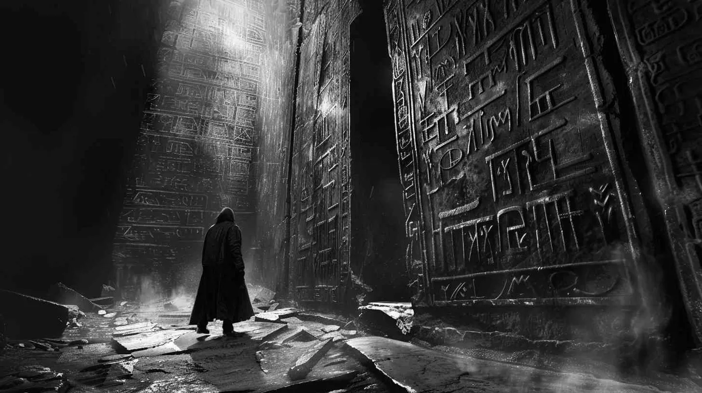 Professor Johnson endeavors to decipher the runic inscriptions adorning the iron door, hoping to uncover clues to unlock its secrets. At that moment, they hear a piercing scream, as if something is closing in on them. They hastily retreat, only to find the dark passage behind them sealed by an invisible wall, trapping them in this ominous void. - AI绘画作品展示 | Midjourney中文版生成