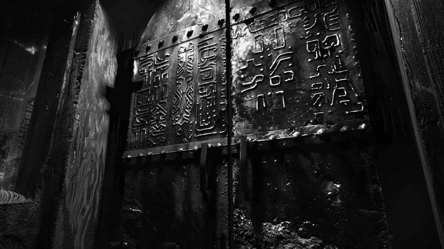 Professor Johnson endeavors to decipher the runic inscriptions adorning the iron door, hoping to uncover clues to unlock its secrets. At that moment, they hear a piercing scream, as if something is closing in on them. They hastily retreat, only to find the dark passage behind them sealed by an invisible wall, trapping them in this ominous void. - AI绘画作品展示 | Midjourney中文版生成