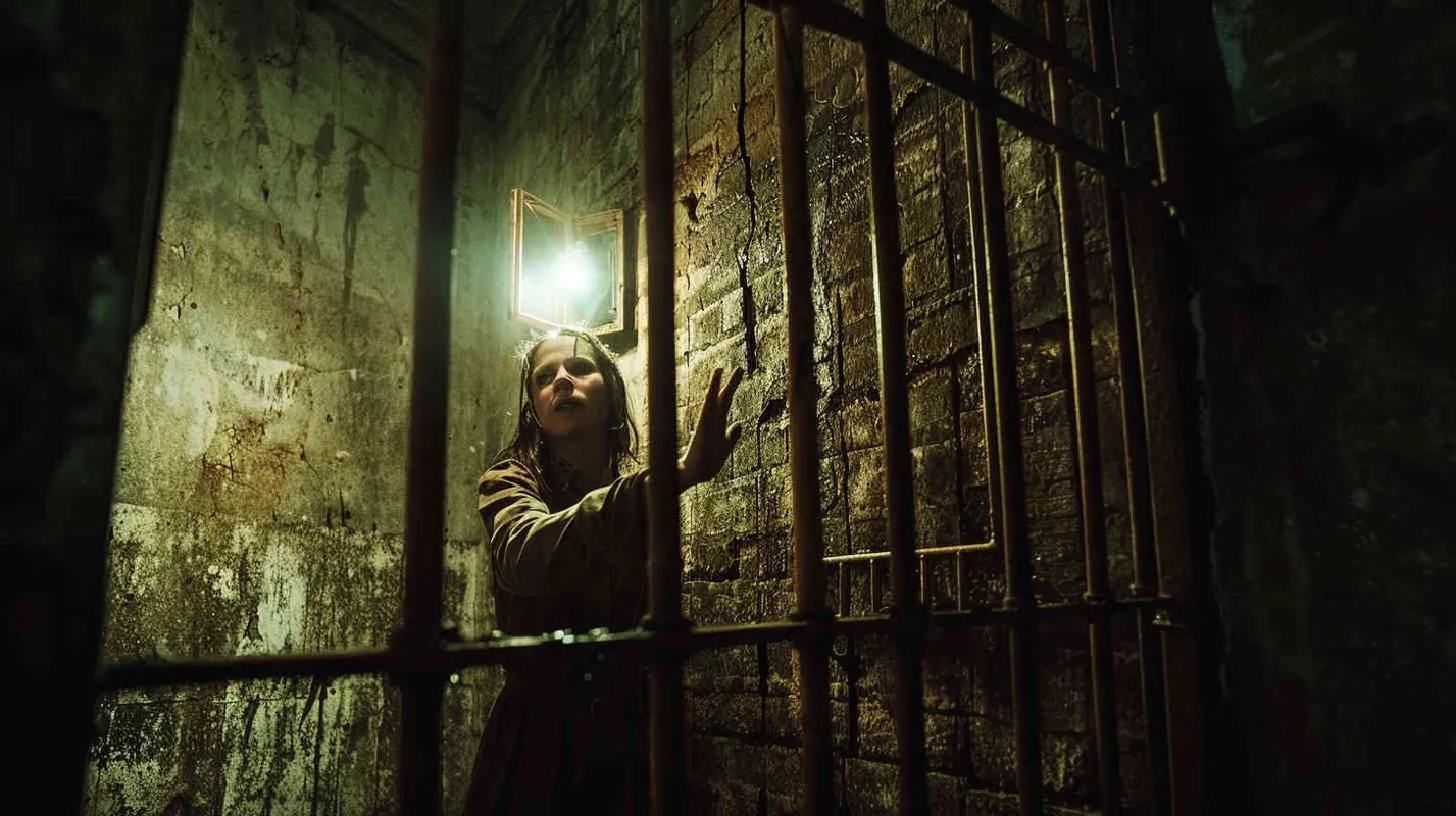 A palpable sense of unease fills the air, as the specter of death hangs over everyone present. Anna's hands shake uncontrollably, David tries to reassure her, and Kate frantically scans the surroundings with a flashlight, seeking a way out. Suddenly, the echo of banging reverberates from the iron gate, signaling a potential lifeline or further peril. - style2部分